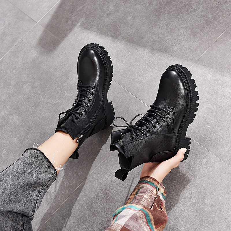 真皮马丁靴女头层牛皮秋冬新款英伦风侧拉链里外全皮平底粗跟短靴