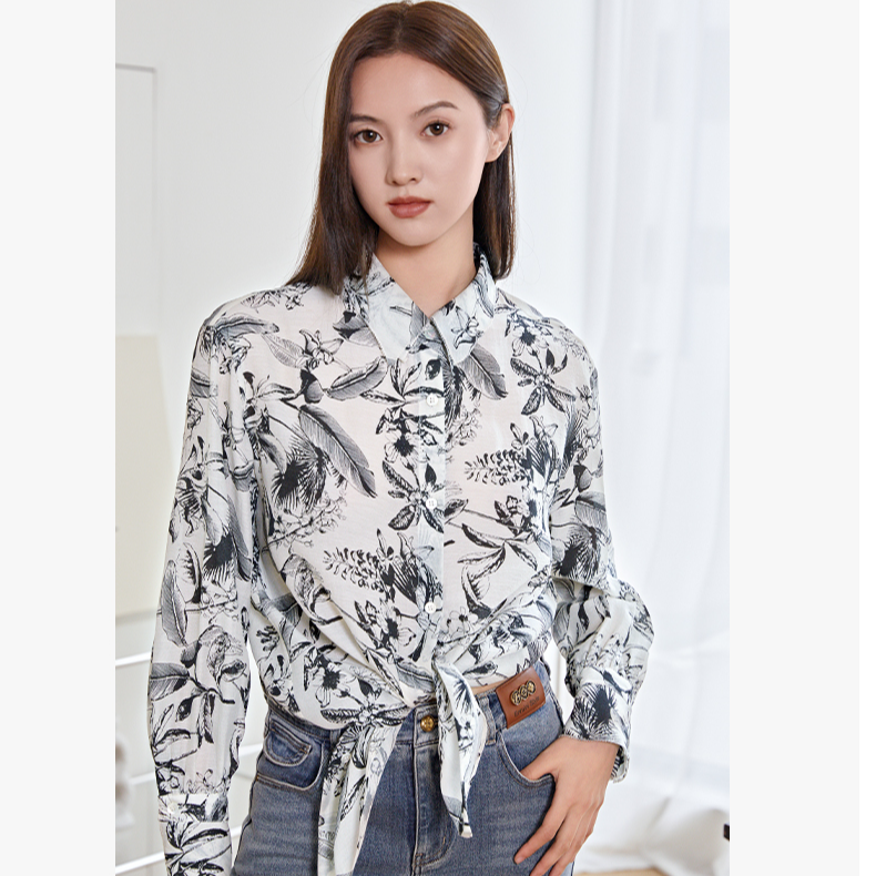 恩瑞妮新款春秋装花色长袖衬衫衬衣时尚休闲夏季春季春夏宽松印花