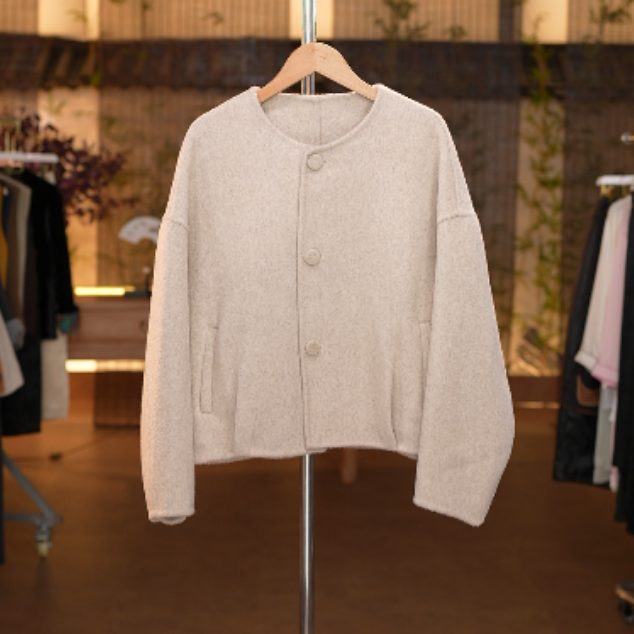 2003外套短款秋冬慵懒风设计师上衣毛呢外套印花灰色圆领