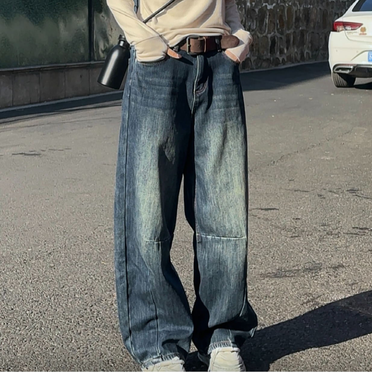 ins洋气女款梨形弯刀阔腿牛仔裤潮流宽松遮胯显瘦阔腿复古