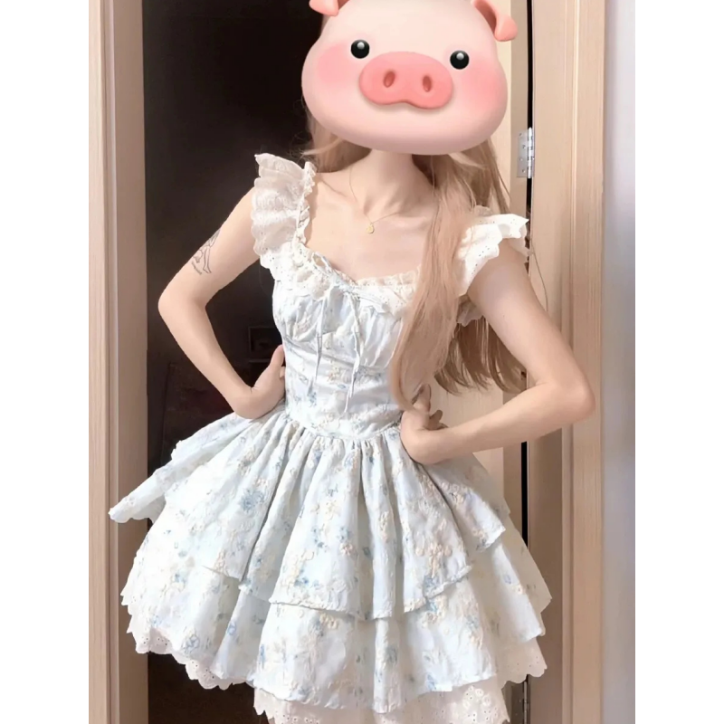 纯欲温柔甜美碎花吊带连衣裙夏季新款设计感绝美收腰小飞袖短裙子