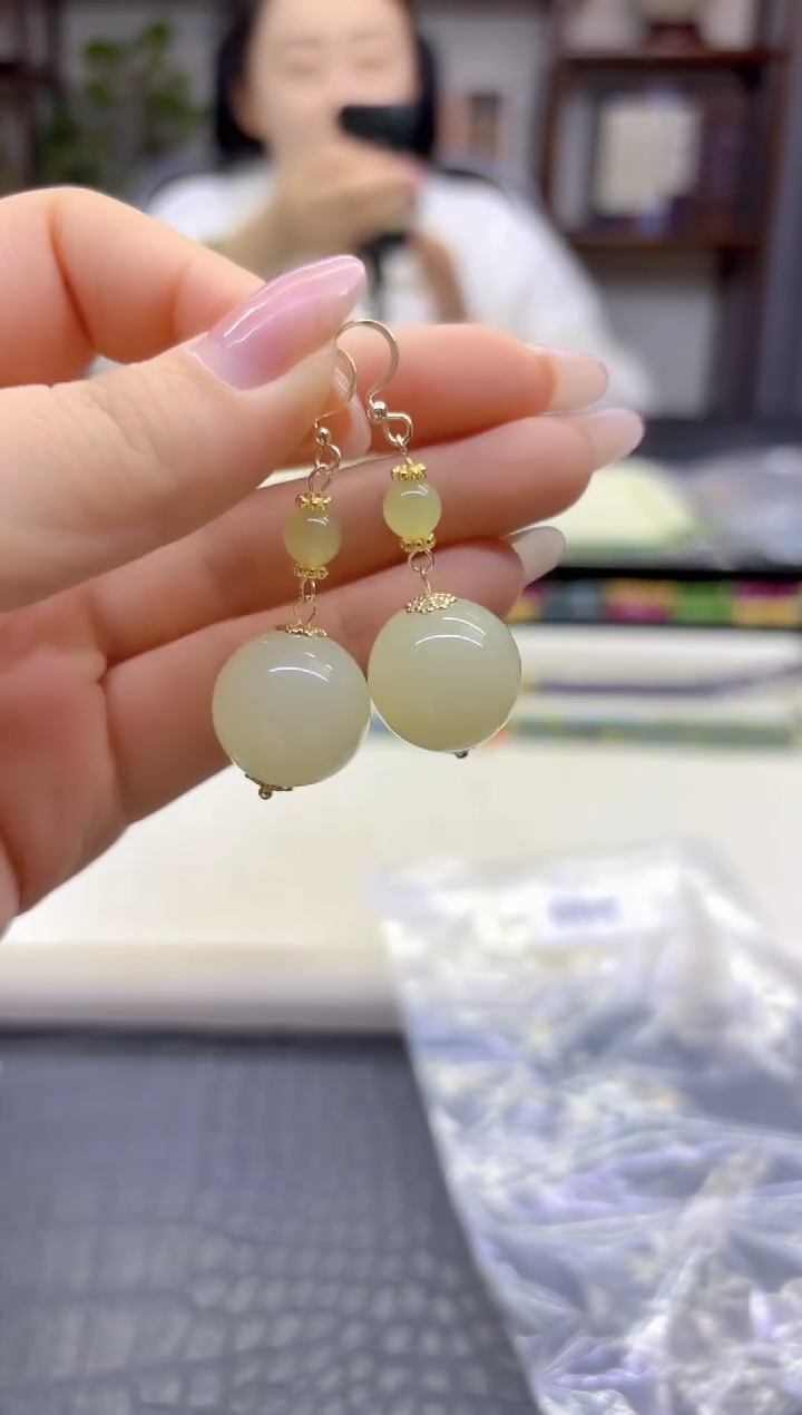 14K金镶嵌和田玉耳饰DIY款E969