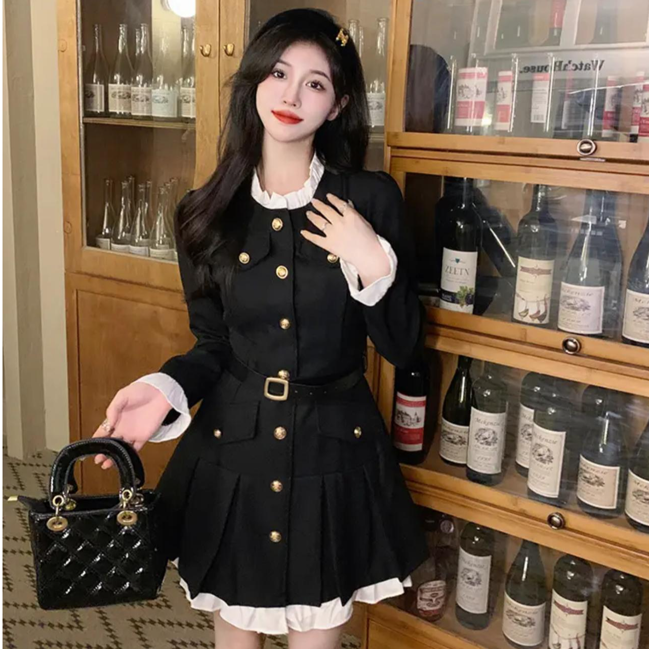 【柚一】2025法式气质少女拼接连衣裙复古D0312