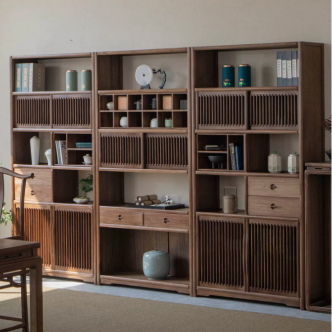 老榆木新中式书架简约禅意书柜书房落地客厅办公室胡桃色