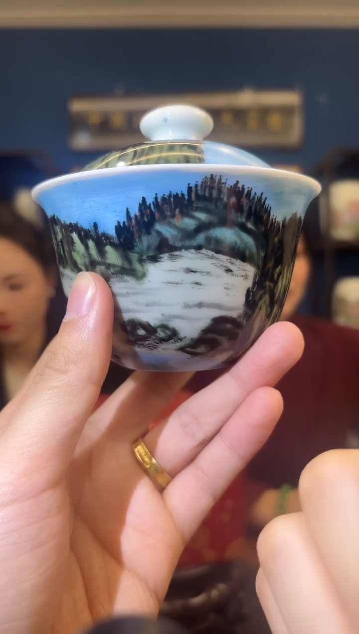 盖碗陶瓷D8/红色官窑青山绿树盖碗——————