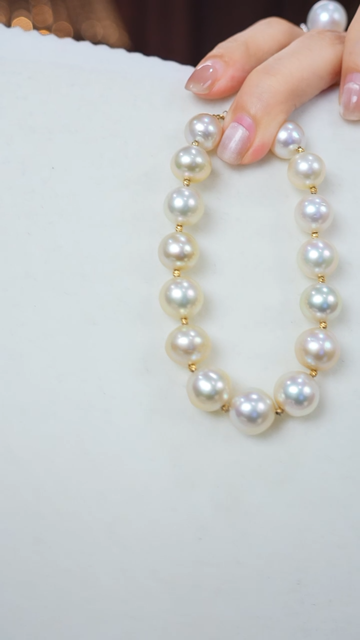 18K金镶嵌手链海水珍珠干枯玫瑰10-12mm