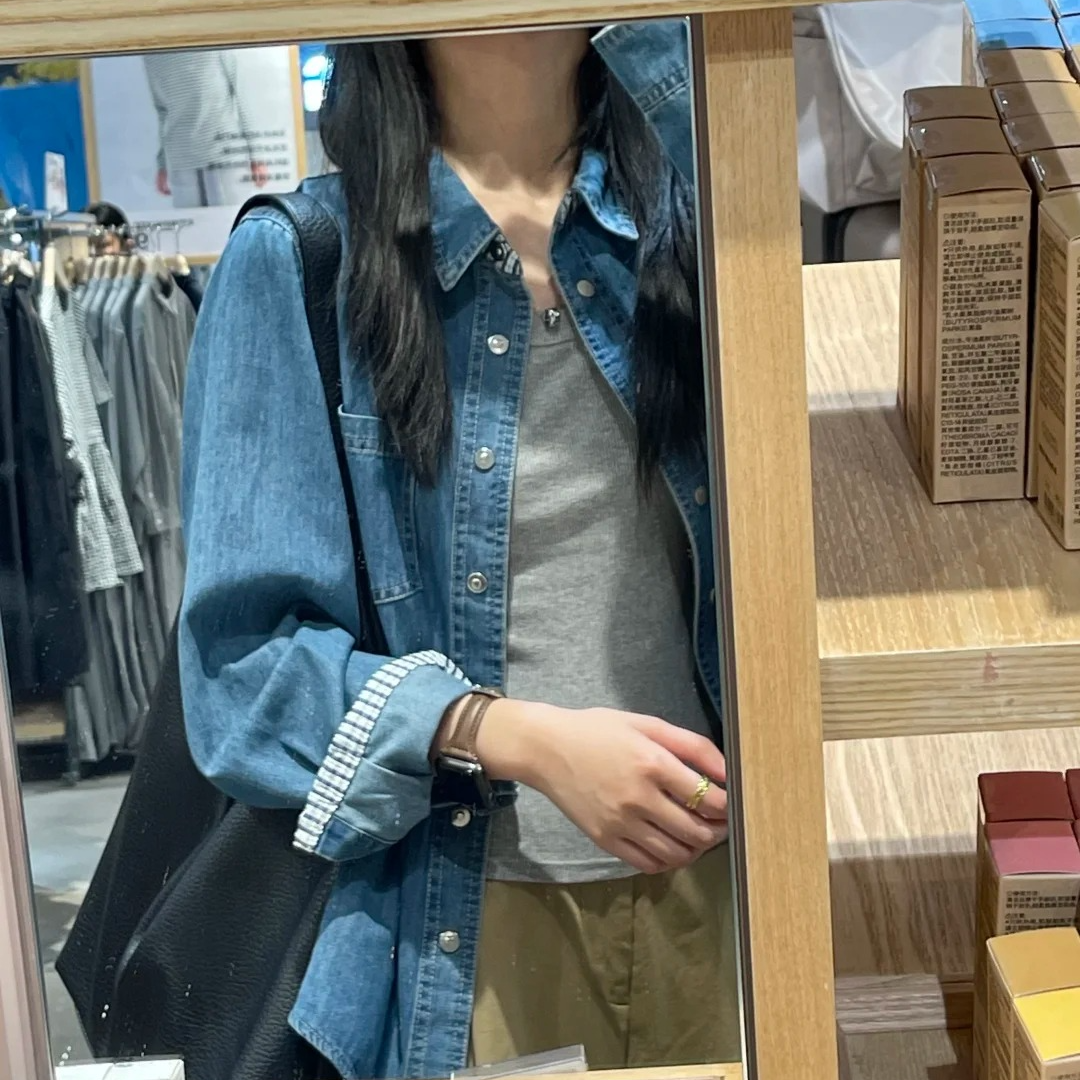 韩版复古长袖牛仔衬衫女宽松慵懒简约百搭水洗外套秋季新款潮学院