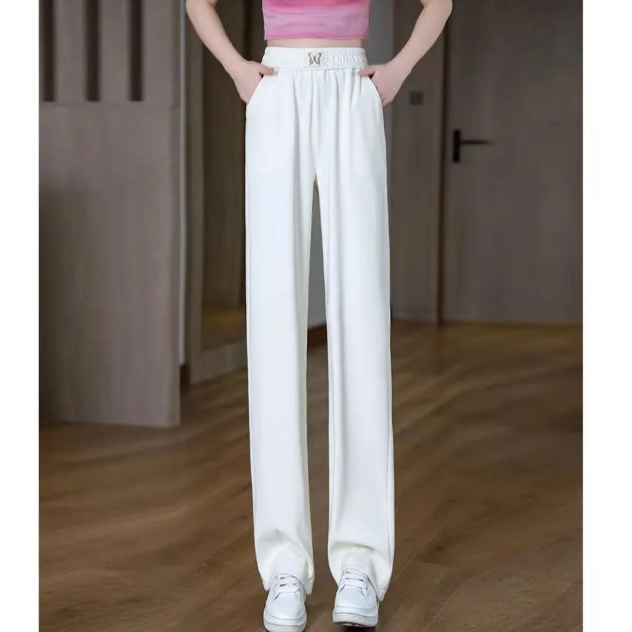 2025夏季新款松紧腰直筒裤显瘦垂感休闲裤时尚女裤子5073长101