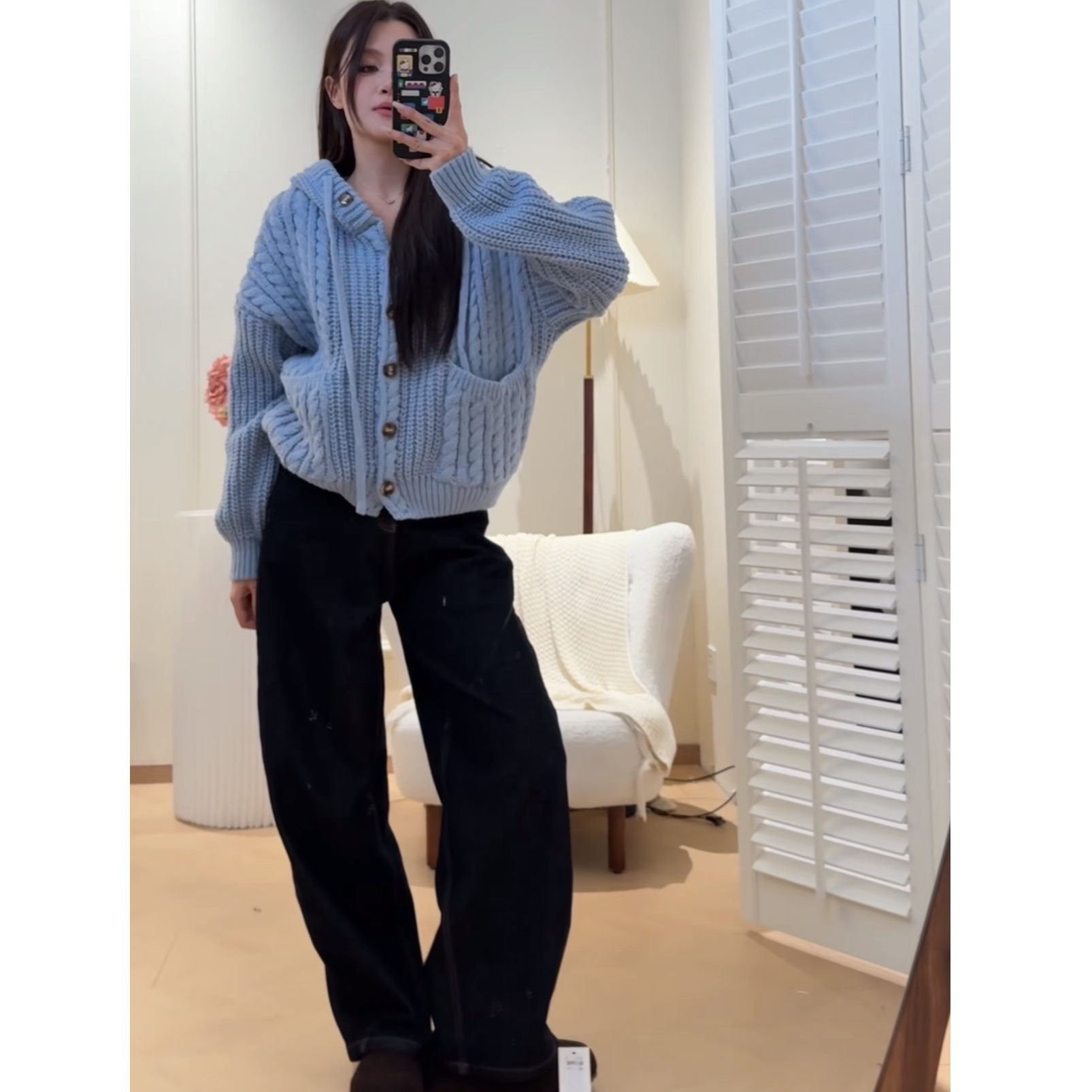 BELE ZHANG【姣花纹麻花】秋冬慵懒感纽扣连帽毛衣针织衫-1975