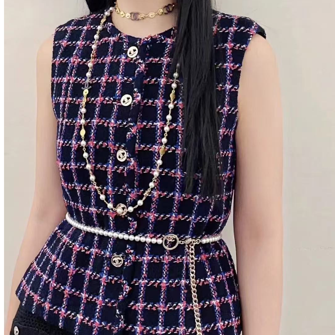 99新 Chanel/香奈儿 24p紫色格纹粗呢无袖马甲小收腰版型 36码