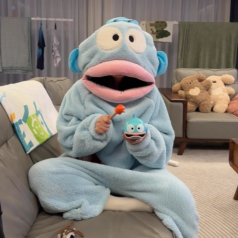 搞怪人鱼汉顿丑鱼连体睡衣女珊瑚绒加厚保暖秋冬季情侣睡袍家居服