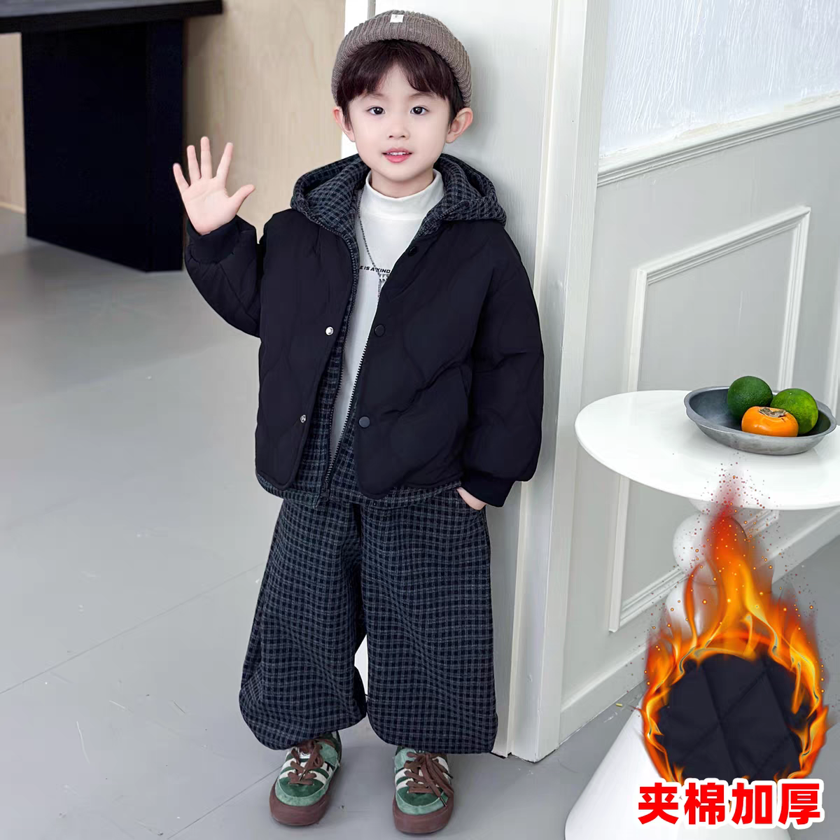 男童套装秋冬2025新款夹棉冬装男宝两件套痞帅炸街儿童假两件衣服