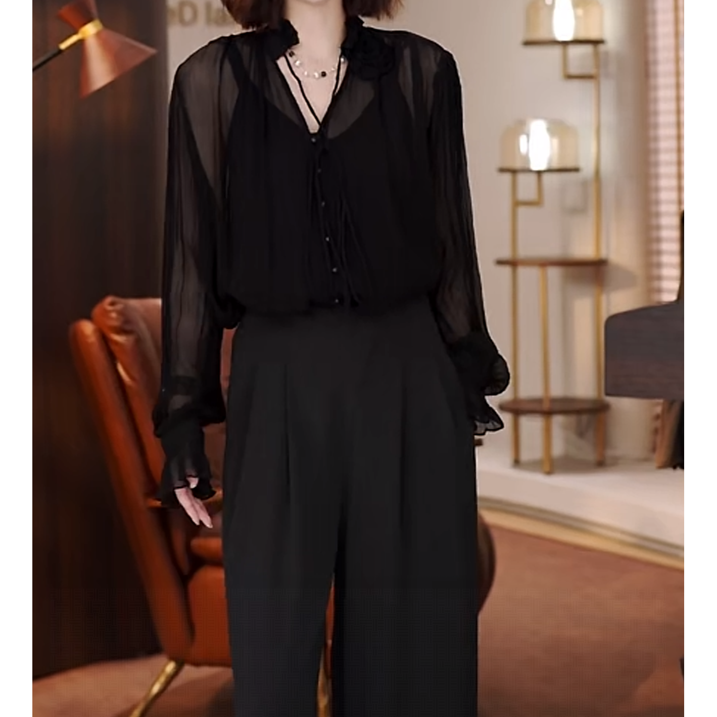 MORELAN2025春夏原创气质薄纱透视性感显瘦长袖上衣159320