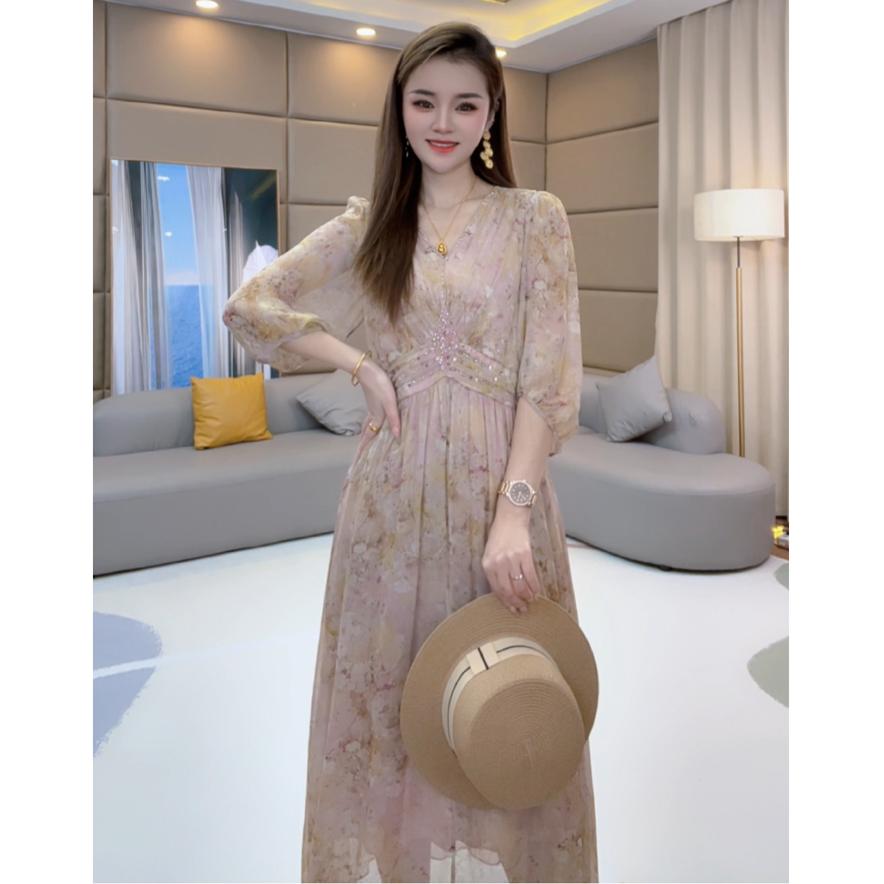 《静静心选》“柔蔓逸裙”收腰法式优雅气质显瘦真丝连衣裙80051