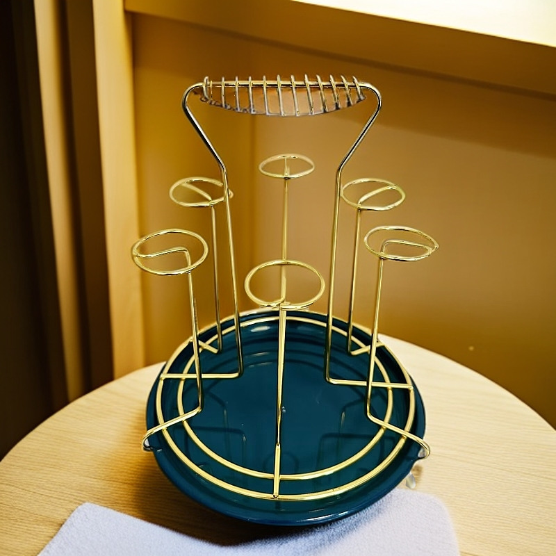 【新疆包邮】铁艺圆形沥家用玻璃杯倒挂架客厅沥水收纳置物架带托盘