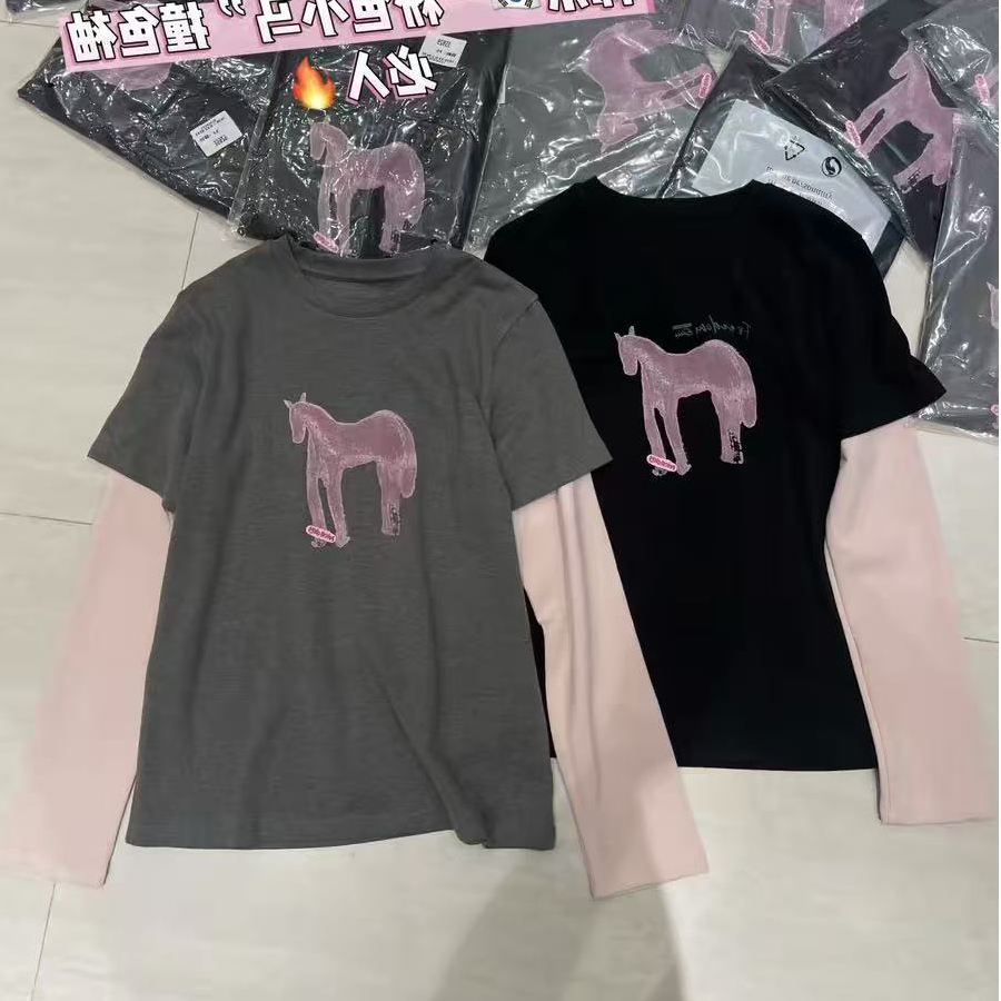 2026 韩版设计感动物图案假两件上衣 8816