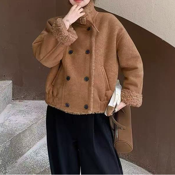 冬季双排扣仿皮毛一体宽松大衣短外套短款女休闲休闲风加厚女