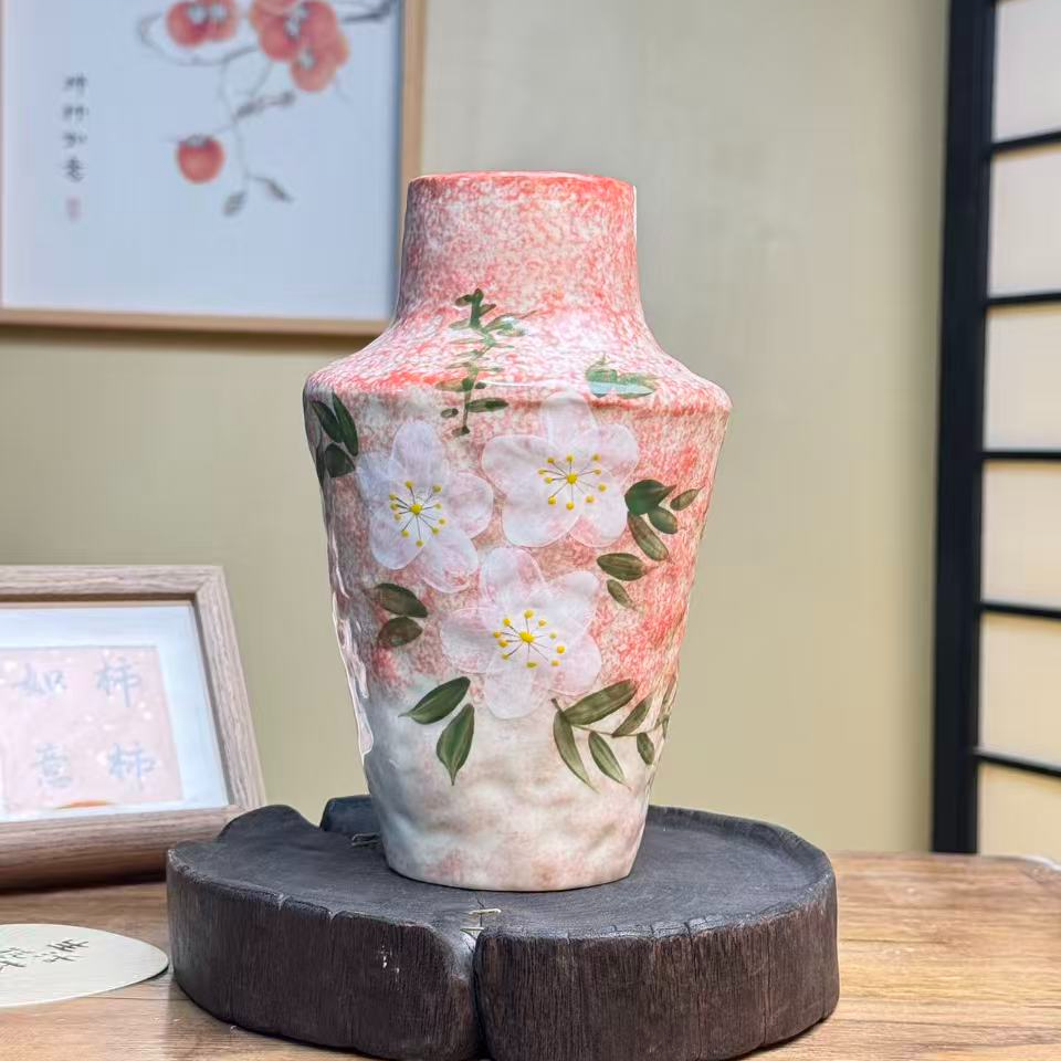 『091』1048-绿叶黄色花蕊红口瑞意花瓶（口7cm，高22cm）