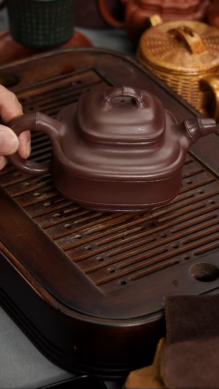 茶壶紫砂宜兴紫砂紫泥四方竹鼓
