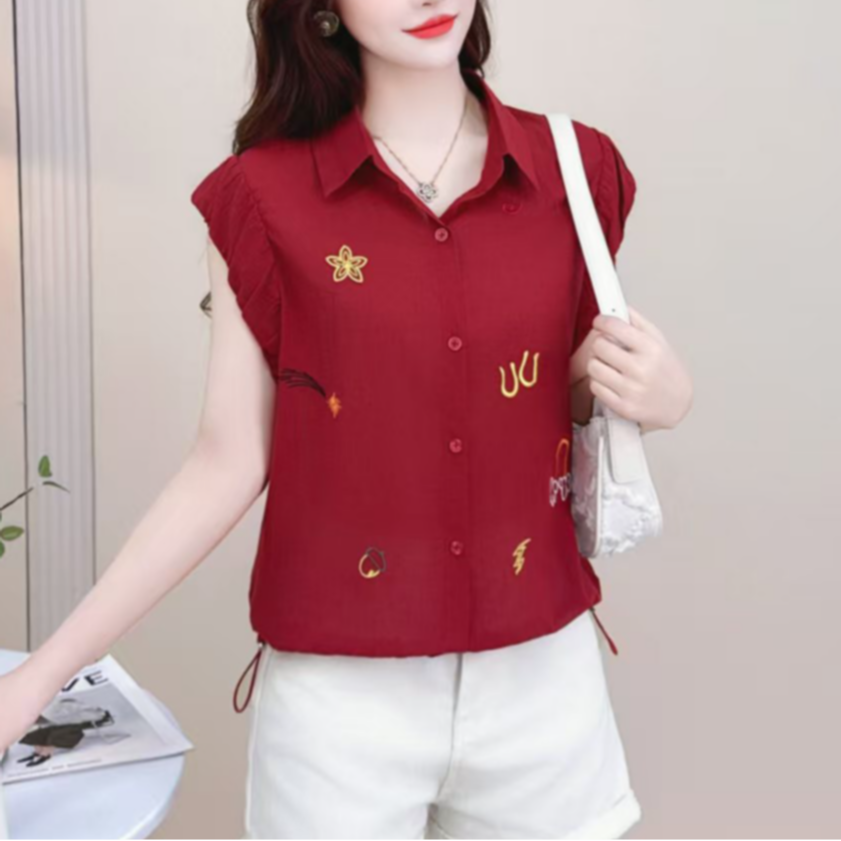 2025夏新款气质纯色刺绣衬衫下摆抽绳时尚无袖洋气上衣88A33长56