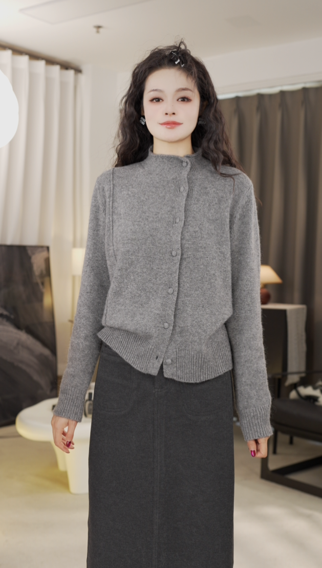 【SAN囍儿原创】立领针织毛衣女秋冬季单排扣开衫上衣显瘦百搭外套