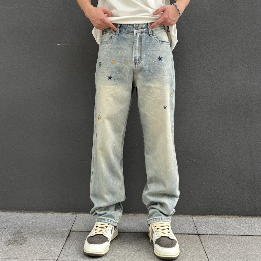 25ss 秋冬美式高街刺绣直筒长裤男款烫钻水洗复古蓝水洗牛仔裤