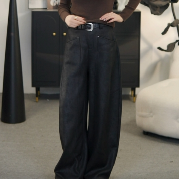 板娘同款冬季加绒加厚麂皮绒休闲弯刀裤阔腿裤