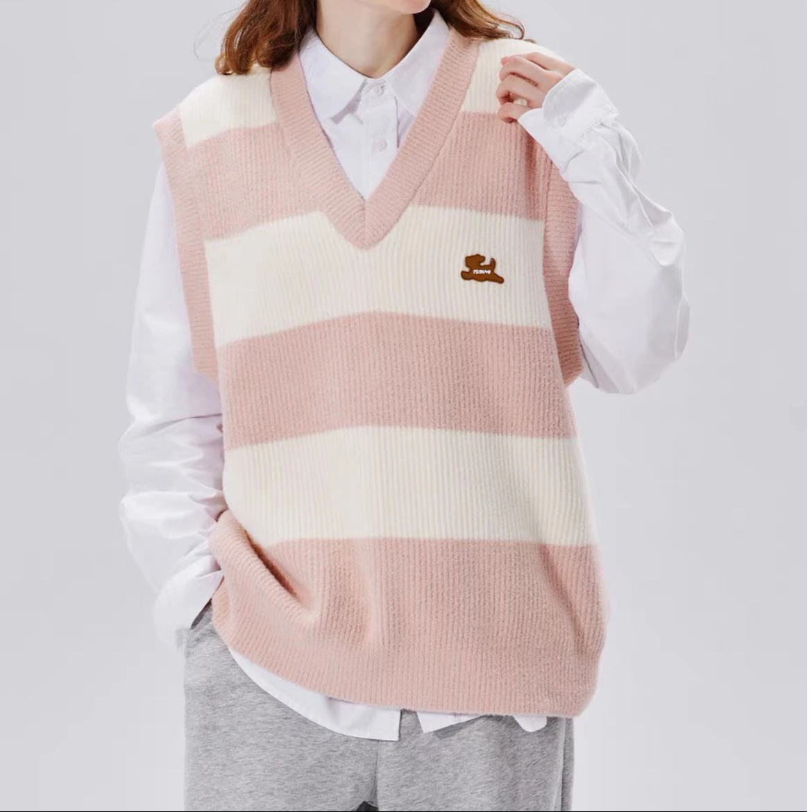 ps樱花粉条纹毛衣马甲