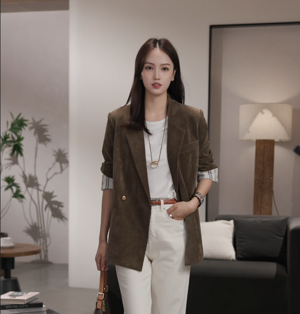 宽松型女纯色一粒扣口袋拼接西装七分袖中袖职业