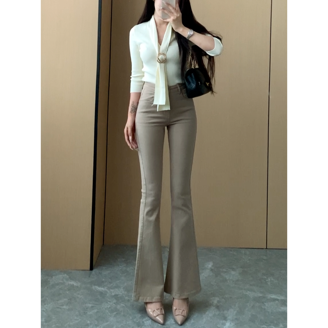 卡其色知性微喇牛仔裤女2025年秋季新款高腰弹力显瘦显高喇叭长裤