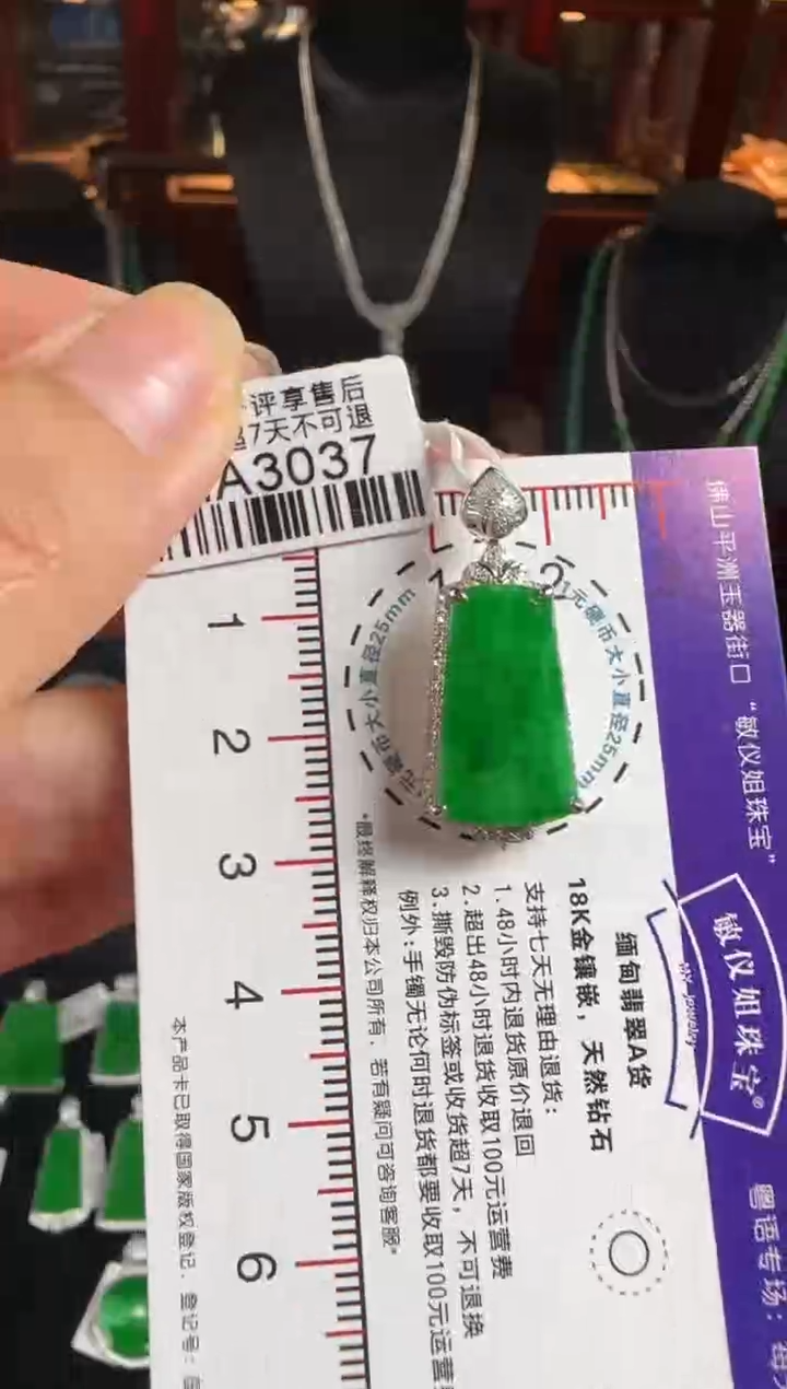 颈饰18K金镶嵌翡翠HA3037冰辣绿无事牌
