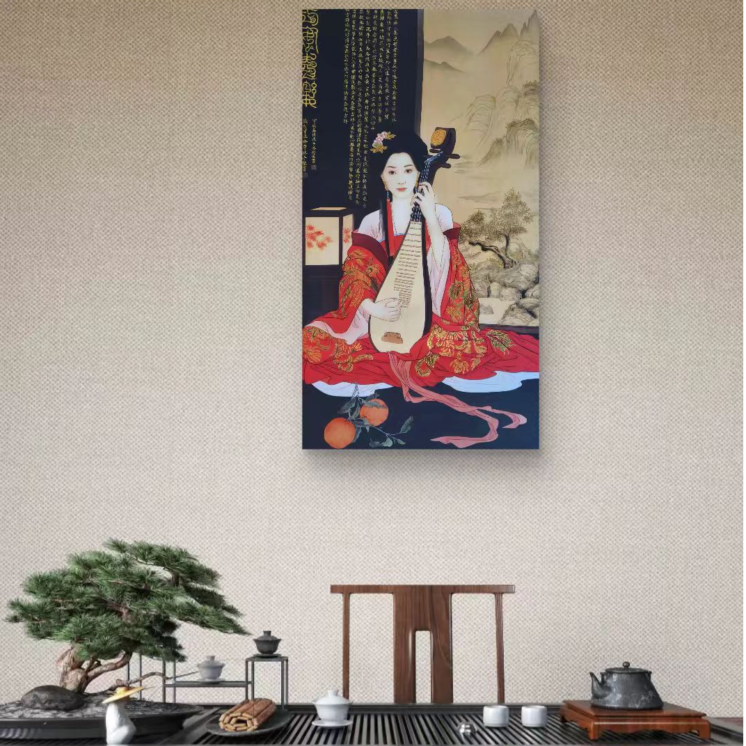 【手绘秘彩描金】苏瑾手绘国画 —《琵琶仕女图》