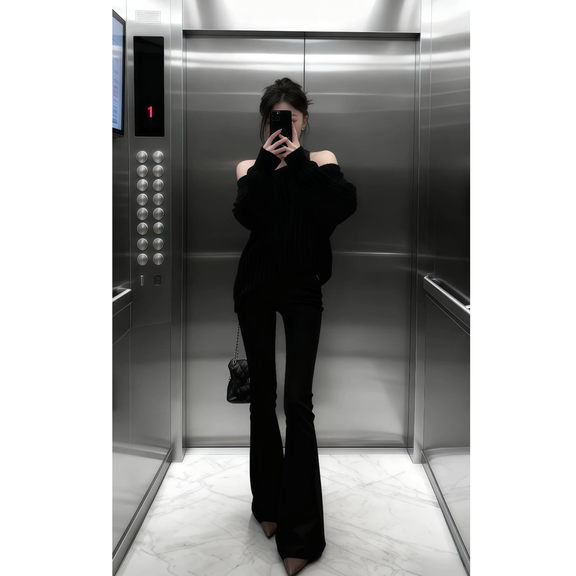 韩系纯欲时尚高级感黑色绞花一字肩挂脖针织衫毛衣微喇叭裤套装女