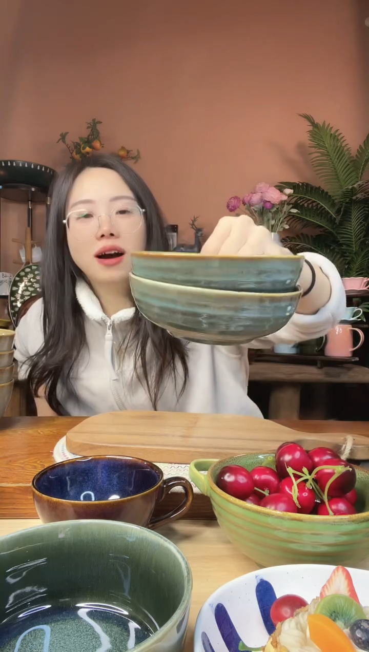 陶瓷5.5英寸绿色复古米饭碗 2件