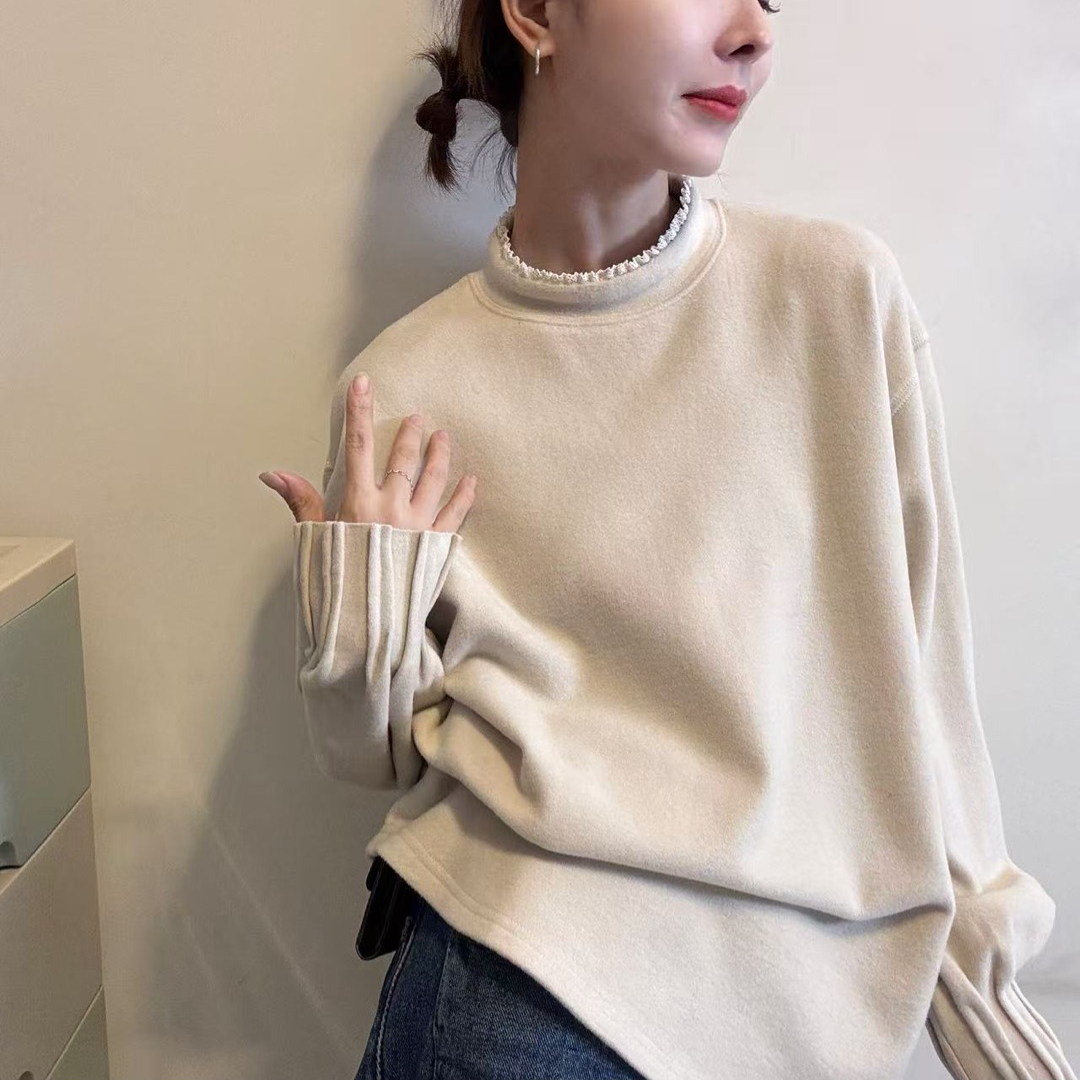 HMY 31169 欧货拼接花边圆领套头袖口褶皱宽松加厚德绒T恤打底衫