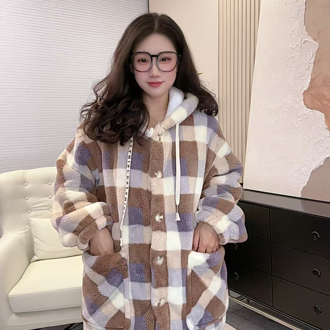 新款【紫格密语】双层加加厚保温蓄热长款加绒连帽睡衣家居服套装