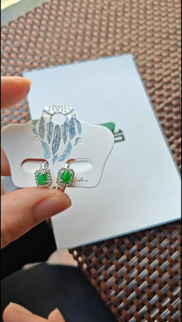 【闪购商品】翡翠耳饰银S925镶嵌翡翠耳饰S925银镶嵌