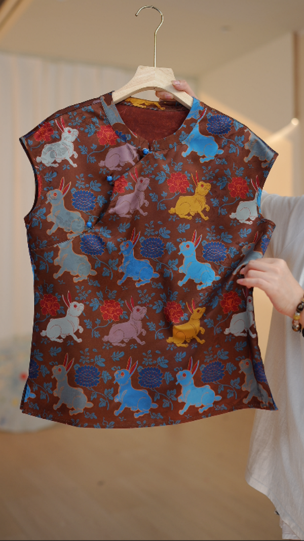 【欢喜】新中式印花短袖衬衫女2024薄款夏季洋气别致小衫桑蚕丝上衣