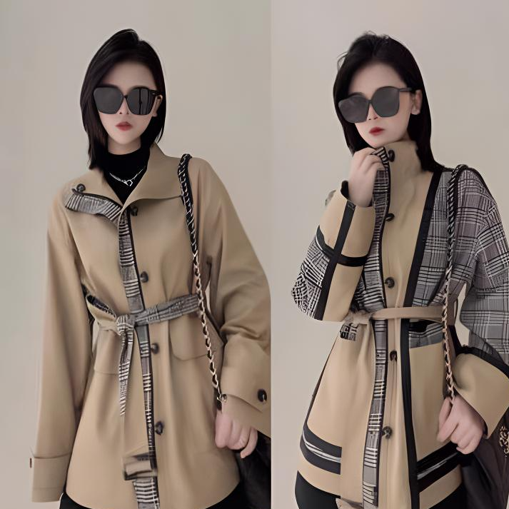 商场同款{专柜}2025秋冬季新款显瘦格子两面穿拼色风衣女5400636