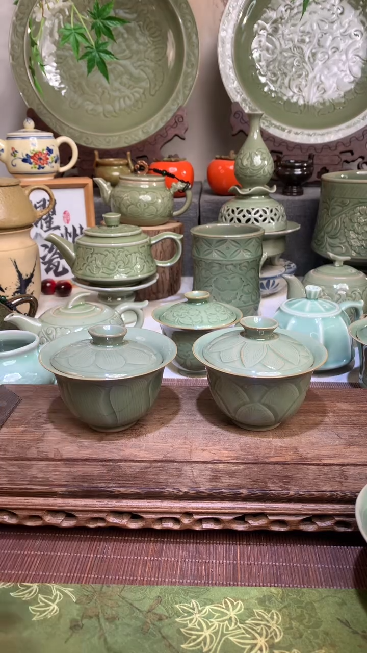 星*耀州窑微瑕手工刻花二才盖碗100CC两只