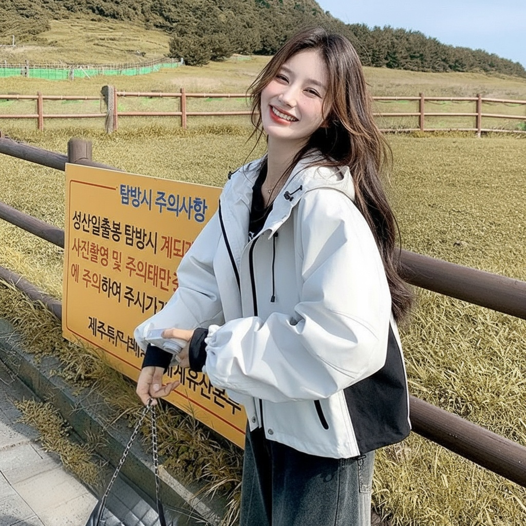 2025春秋新款拼色连帽短款冲锋衣外套女高级感宽松休闲小个子上衣