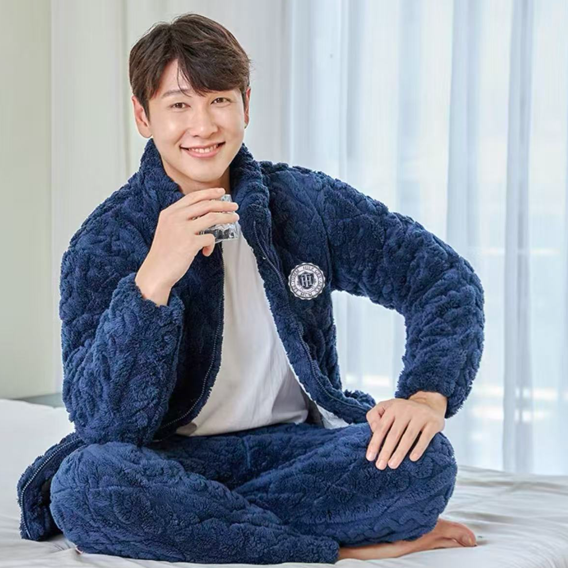 9230-男士珊瑚绒（丈青）双面加绒睡衣套装