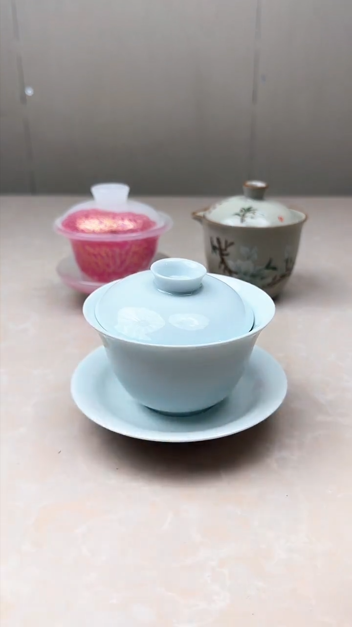 【闪购商品】陶瓷淡蓝陶瓷三才盖碗