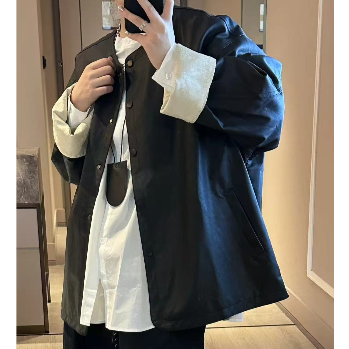 8808欧货宽松休闲百搭袖口拼接皮衣外套2025早春季新款设计感上衣