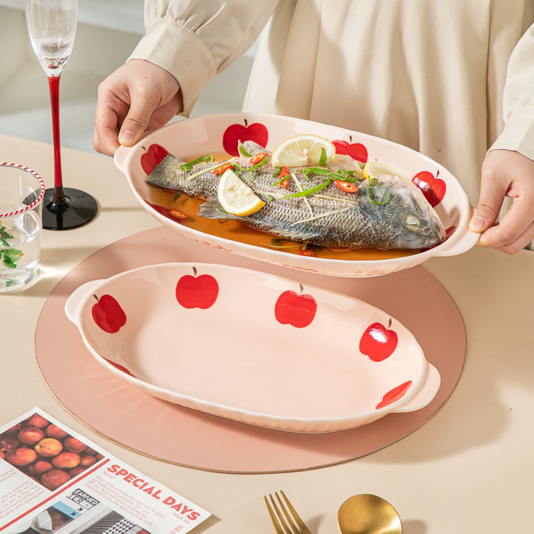 【苹苹安安】鱼盘家用盘子带耳防烫菜盘子陶瓷装鱼盘子餐具蒸鱼盘子