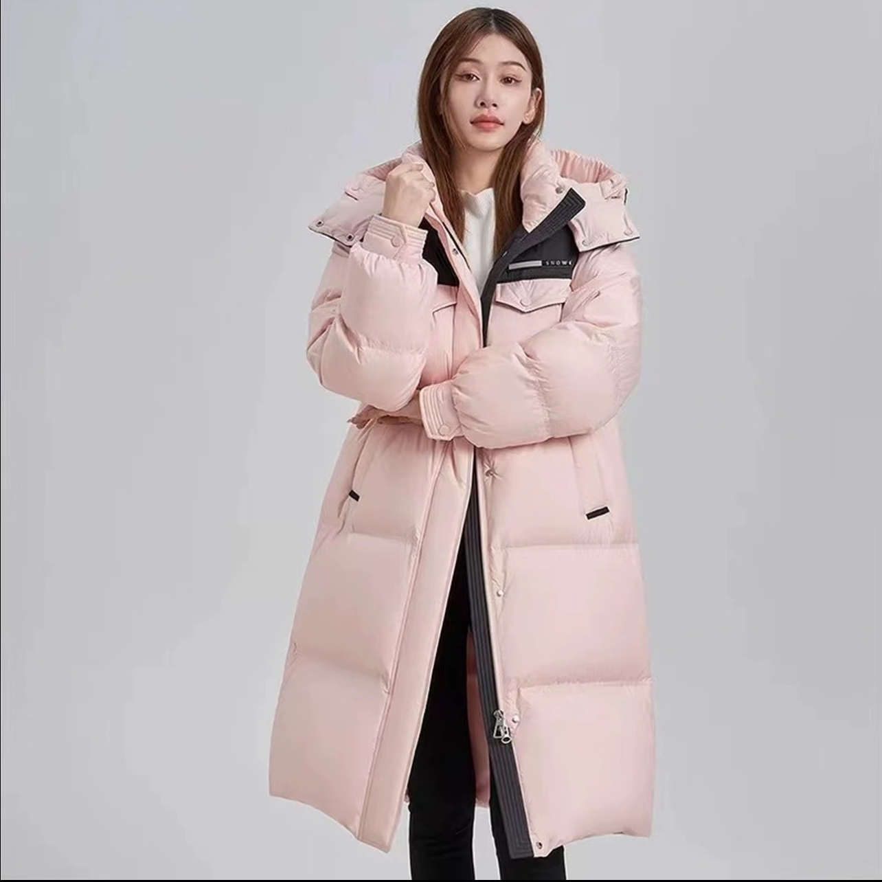 泡芙撞色过膝休闲冬季羽加厚保暖外套