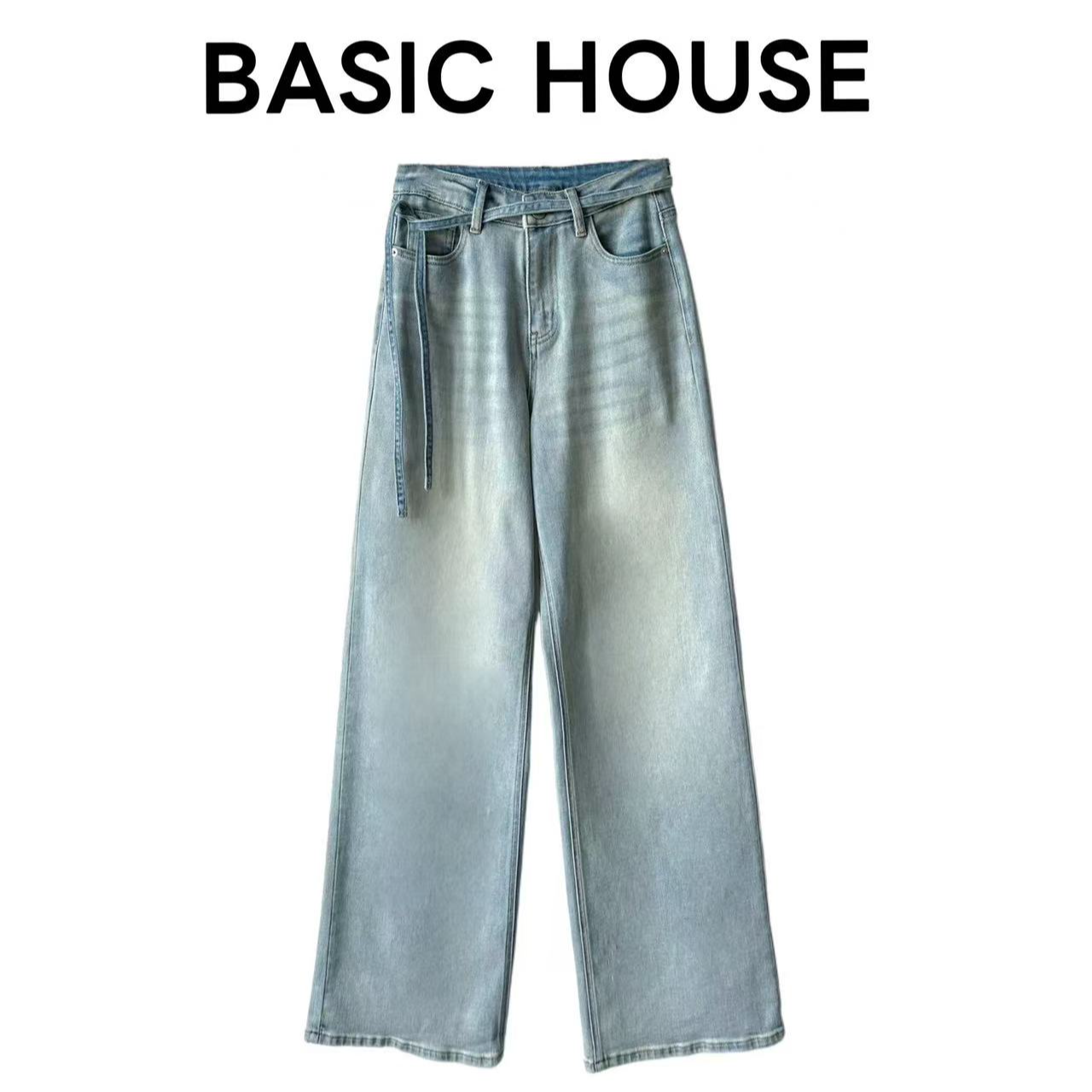 Basic House/百家好高腰直筒阔腿百搭浅蓝色牛仔裤女
