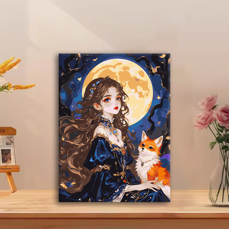 (灵狐少女）diy数字油画红线条手工填涂色解压治愈送礼丙烯装饰画