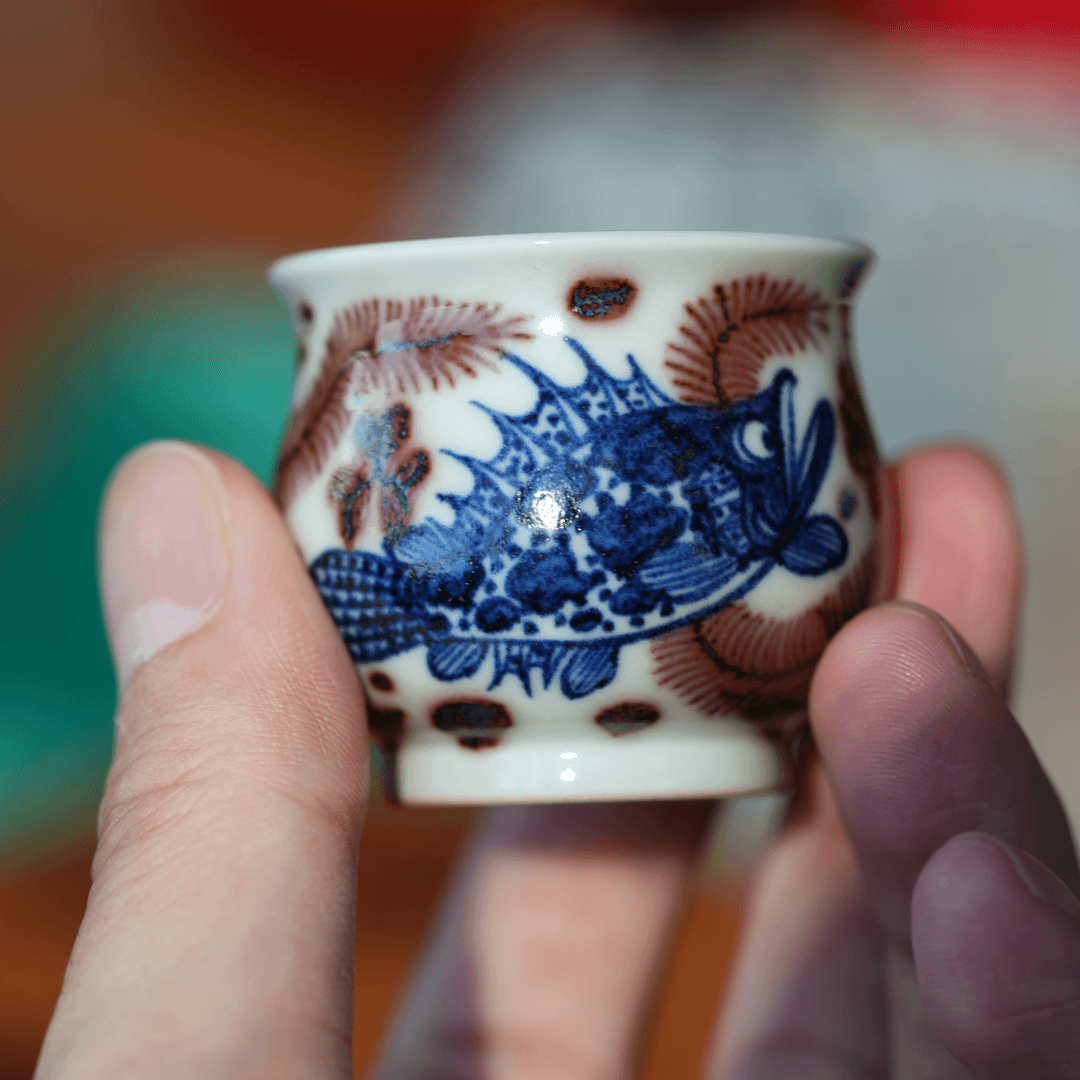 【器不朽】 纯手绘青花釉里红双拼鱼藻mini炉式杯