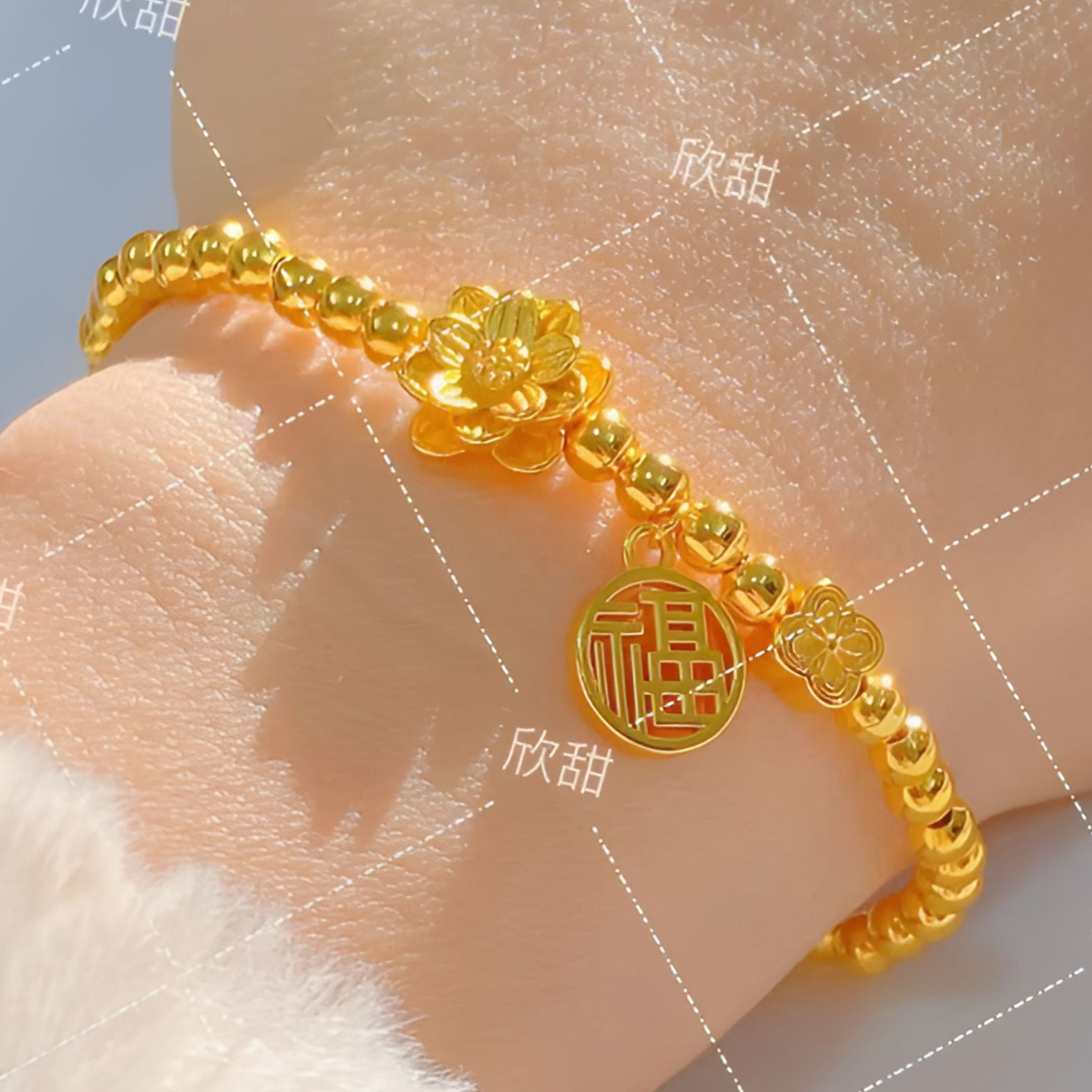 铜合金手链 鑫新款福字莲花女士手链复古百搭古法荷花手环0015   